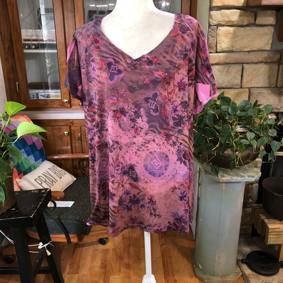 RANSOM SIZE 22/24 MULTICOLORED FLUTTER SLEEVE TOP BLING IN FRONT PAISLEYS FLORAL - Picture 1 of 4